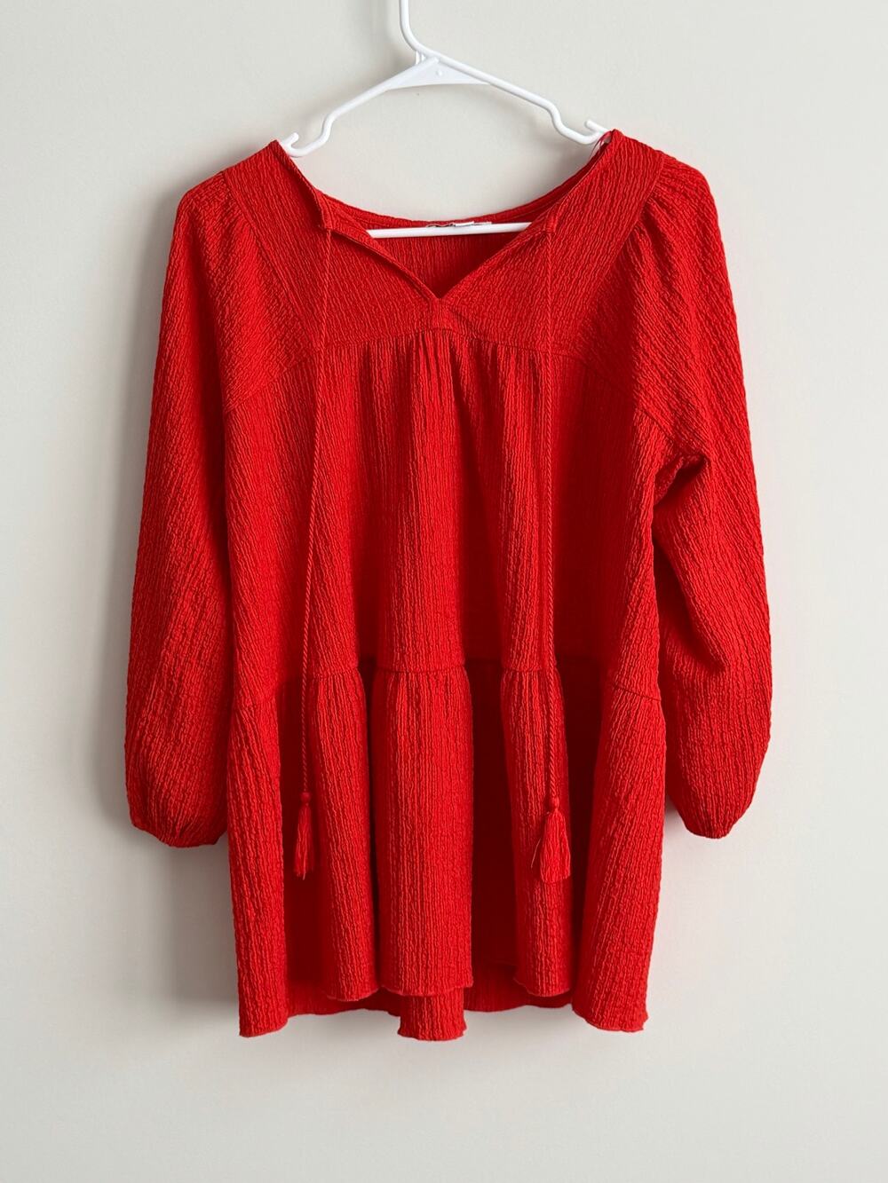 Calligraphie Red Textured Peasant Tunic Top Size Small